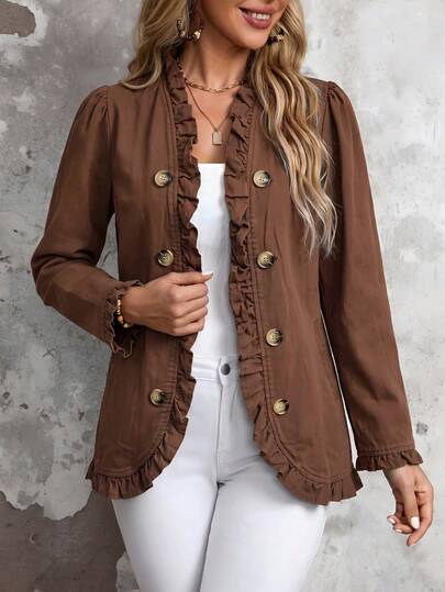 EMERY ROSE 大码纯色荷叶边下摆双排扣休闲长袖牛仔外套