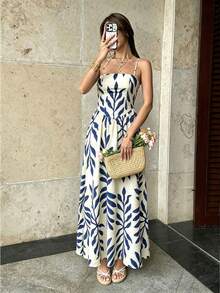 Elyressa 女士梭织印花夏季休闲长裙 - 藍色 - 查看 4