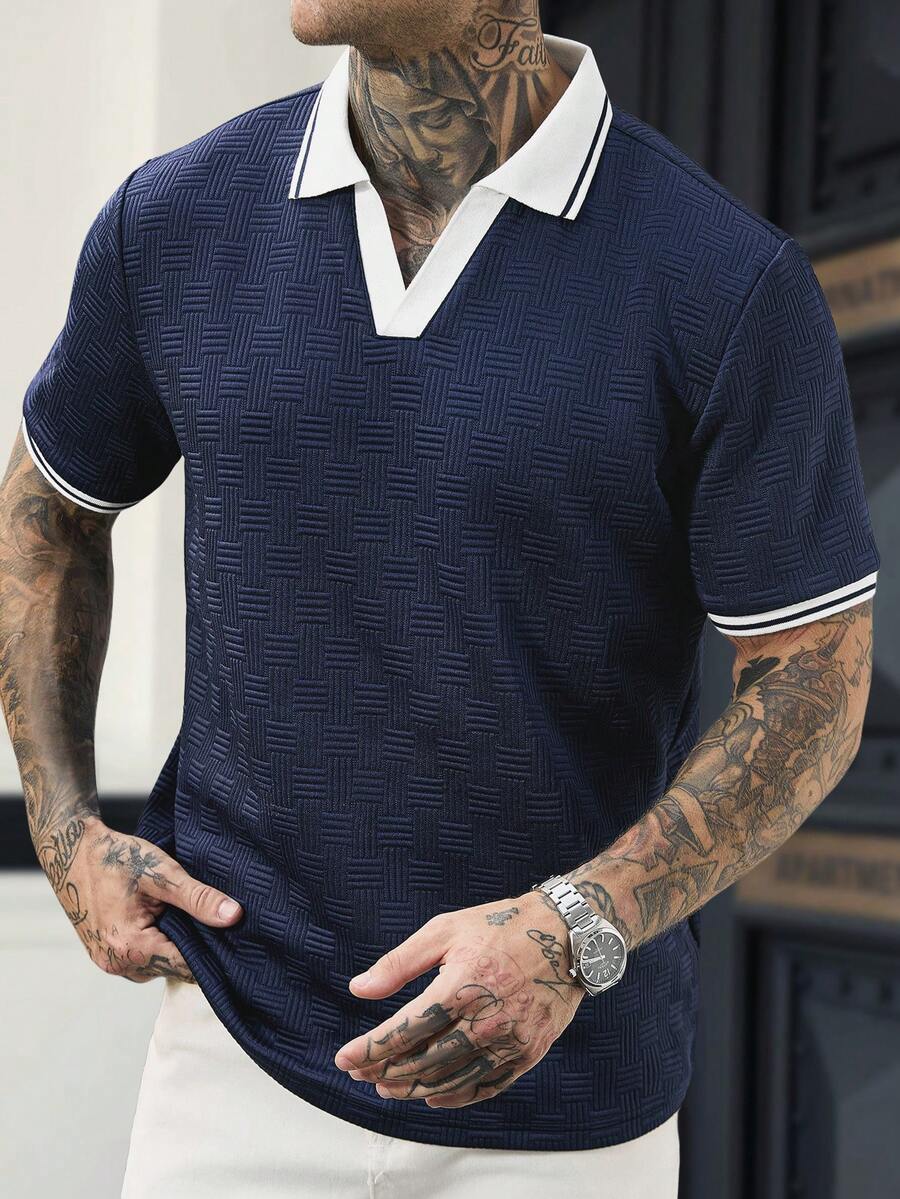 Manfinity CasualCool 男士短袖紋理布料 Polo 衫,適合外出、聚會與辦公穿著,正式風格 - 寶藍色 - 查看 1