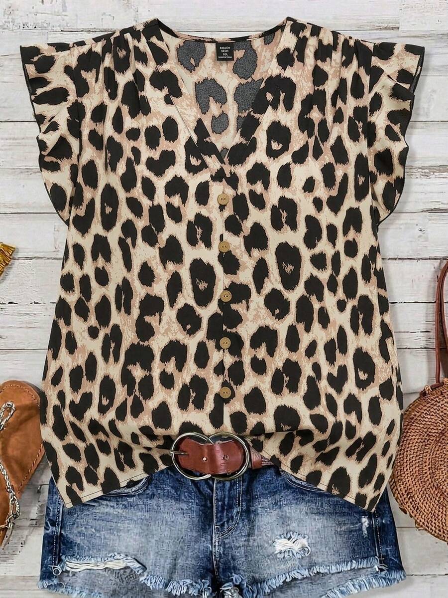 Mellowie Plus Size Casual Leopard Print Shirt Leopard Print Tops For Women Latest Tops For Women New Arrivals V Neck Leopard Print Blouse Blouse For Women Casual Business Casual Women Tops - Multicolor - View 1
