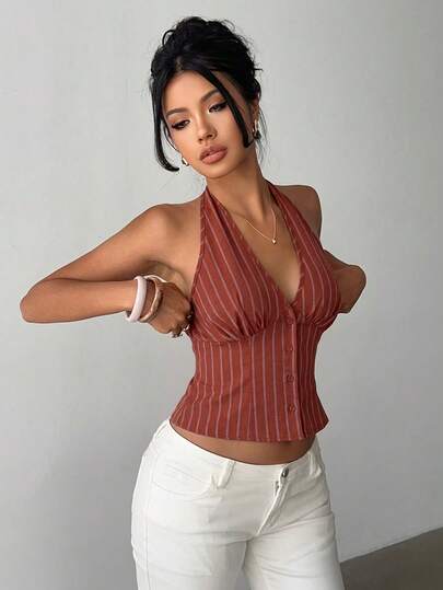 Aloruh Women Cotton Striped Stand Collar Single-Breasted Vest Thin Blazer In Fall/Winter