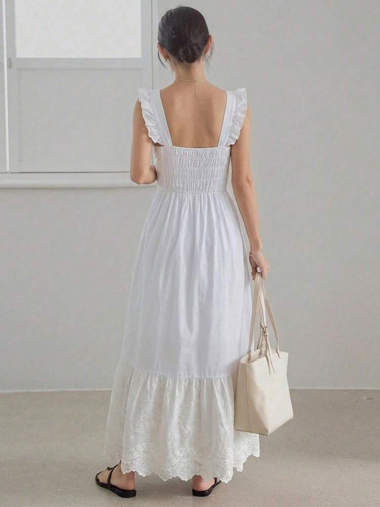 Ivory White Lace Patchwork Ruffle Hem Waist Cinched Long Dress For Women, Spring & Summer