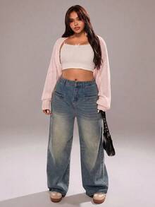 Plus Size Women's Spring/Autumn Casual Vacation & Commute Solid Color Batwing Sleeve Cropped Lightweight Cardigan - Baby Pink - View 6