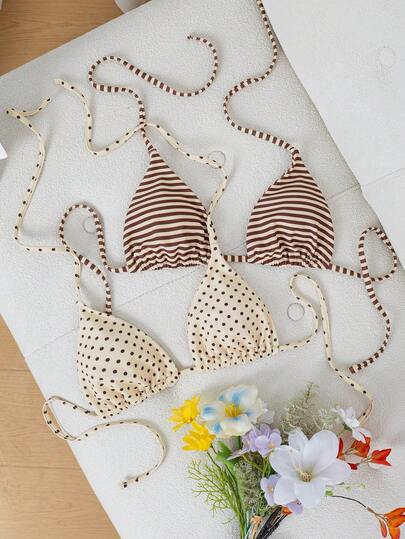 Swim Vcay 2pcs Sexy Printed Halter Tie Bikini Top Set For Women, Spring/Summer