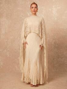 花卉提花针织连衣裙，款式百搭，收腰设计，裙摆呈喇叭形，鱼尾廓形 - 杏色 - 查看 8