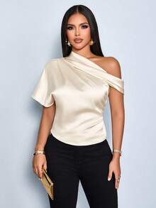 SOLERSUN 女士奢华缎面单肩垂褶不对称上衣，复古美感缎面单肩上衣，垂褶不对称上衣，适合派对约会之夜 - 杏色 - 查看 4