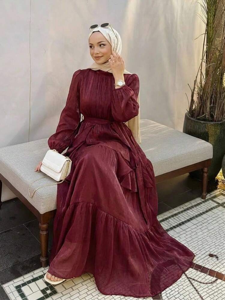 Women's Elegant Lace Stand Collar Petal Sleeve Belted Mid-Length Dress, Spring & Summer