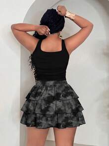 Slaydiva Plus Size Summer Fashion Charcoal Gray Tight Tank Top And Tie-Dye Ruffle Hem Shorts 2-Piece Set Night Out Classy Street Wear - Multicolor - View 2