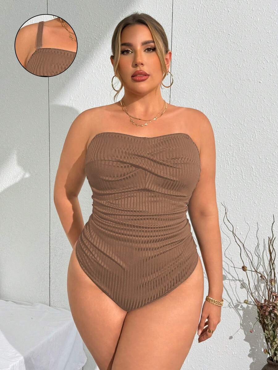SHEIN Swim Curve 大码女式纯色吊带连体泳衣休闲度假装 - 棕色 - 查看 1