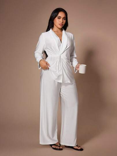 Lazeform Set pigiama oversize da donna con accappatoio e pantaloni con design a fiocco