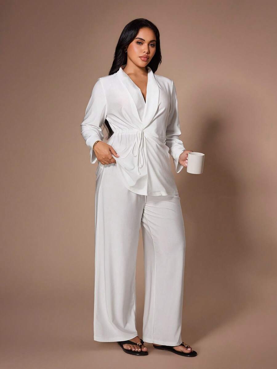 Lazeform Plus Size Women's Sleepwear Set With Tie Design Robe And Pants - White - View 1