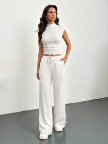 SHEIN Tall 女士夏季纯色立领褶皱上衣和裤子两件套，休闲女装运动服，女士夏季服装，女士夏季休闲套装，棕色两件套，女士两件裤装，女士休闲两件套，舒适两件套，棕色裤装，女士棕色连体裤两件套 - 白色 - 查看 6