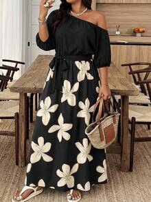 Plus Size Floral Print Asymmetrical Shoulder Dress - Multicolor - View 1