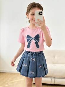Elladie kids 两件套女童春夏套装，粉色短袖上衣+牛仔蝴蝶结半裙，泡泡袖设计，刺绣蝴蝶结装饰，百褶裙摆，甜美可爱风格，适合休闲外出和家庭活动 - 粉色 - 查看 4