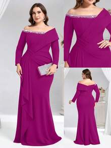 Coutiva Plus Size Women's Off-Shoulder Formal Evening Gown (Heavily Embellished) - Hot Pink - View 1