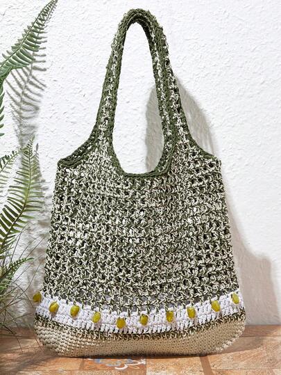 SHECARRY Hand-Woven Mixed-Color Hollow Seaside Beach Vacation Tote Bag