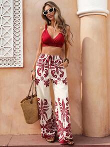 Selianne Women's Elegant Red And White Summer Boho Beach Vacation Holiday Sleeveless Camisole Crop Top And Straight Wide Leg Printed Pants Two Pieces Set - Burgundy - View 9