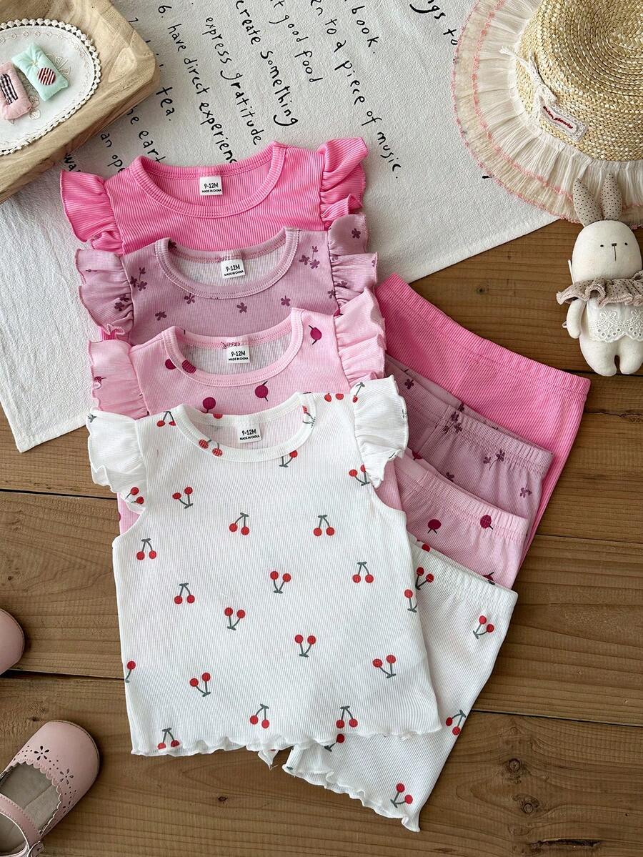 SHEIN 8件組/女嬰0-3歲粉色夏季可愛家庭套裝 素色針織不對稱羅紋短袖背心上衣與短褲套裝 - 彩色 - 查看 1