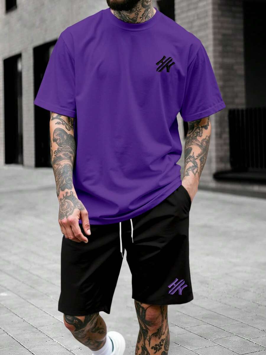 Manfinity Homme Men's Graphic Print Purple Short Sleeve T-Shirt And Black Slant Pocket Shorts Set - Multicolor - View 1