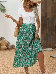 SHEIN Holidaya Women's Floral Patchwork Short Sleeve Midi Dress, Summer Maxi Women Outfit - Green - View 6