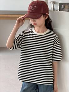 Dazy Kids Ropa de otoño para niña preadolescente, camiseta de manga larga con cuello a rayas de color contrastante - Blanco y Negro - Ver 6