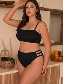 Swim Chiccia Bộ đồ bơi 2 mảnh cỡ lớn dành cho nữ, bikini mùa hè gợi cảm màu trơn với chất liệu vải có họa tiết, áo quây kiểu tối giản với dây đeo có thể tháo rời, kết hợp với quần bơi tam giác buộc dây hai bên, thích hợp cho kỳ nghỉ biển và các dịp lễ. - màu đen - Xem 3