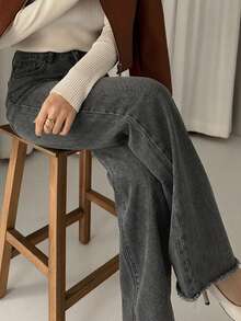 Women's Solid Color Wide Leg Long Jeans For Long Legs - Black - View 6