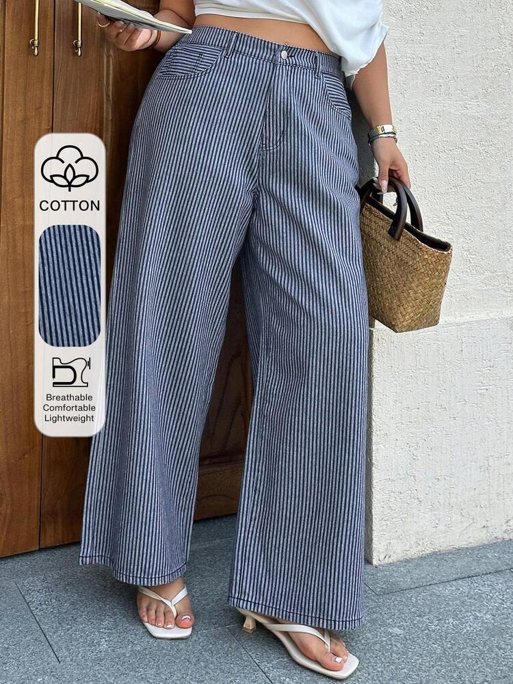 Dazy Plus Plus Size Women Casual Striped Long Jeans, Suitable For Commuting And All Seasons