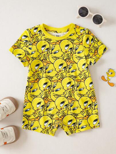 LOONEY TUNES X SHEIN Bộ áo liền quần tay ngắn cổ tròn kiểu dáng thường ngày cho bé gái.