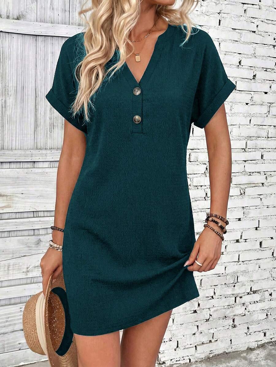 EMERY ROSE Vestido mini casual de vacaciones para mujer de unicolor con cuello con muesca - Agua verde azul - Ver 1
