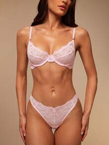 Silquee Renda Floral Conjunto De Lingerie - Rosa chiclete - Visão 5