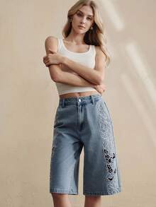 Anewsta Jeans rectos casuales azules de mujer para primavera/verano, de moda lujosa, sexy, con bordado floral hueco y romántico para fiestas y vacaciones - Azul - Ver 3