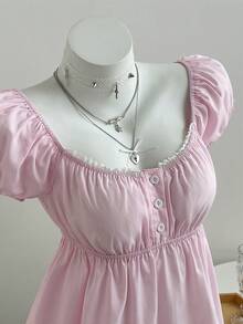 Elamini 女士夏季纯色方领荷叶边短袖衬衫 - 粉色 - 查看 4