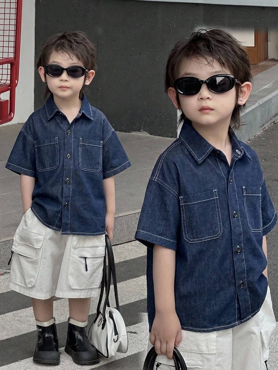 Áo sơ mi denim tay ngắn một hàng cúc dành cho bé trai, kiểu dáng thường ngày, đa năng. - Màu xanh lam - Xem 1