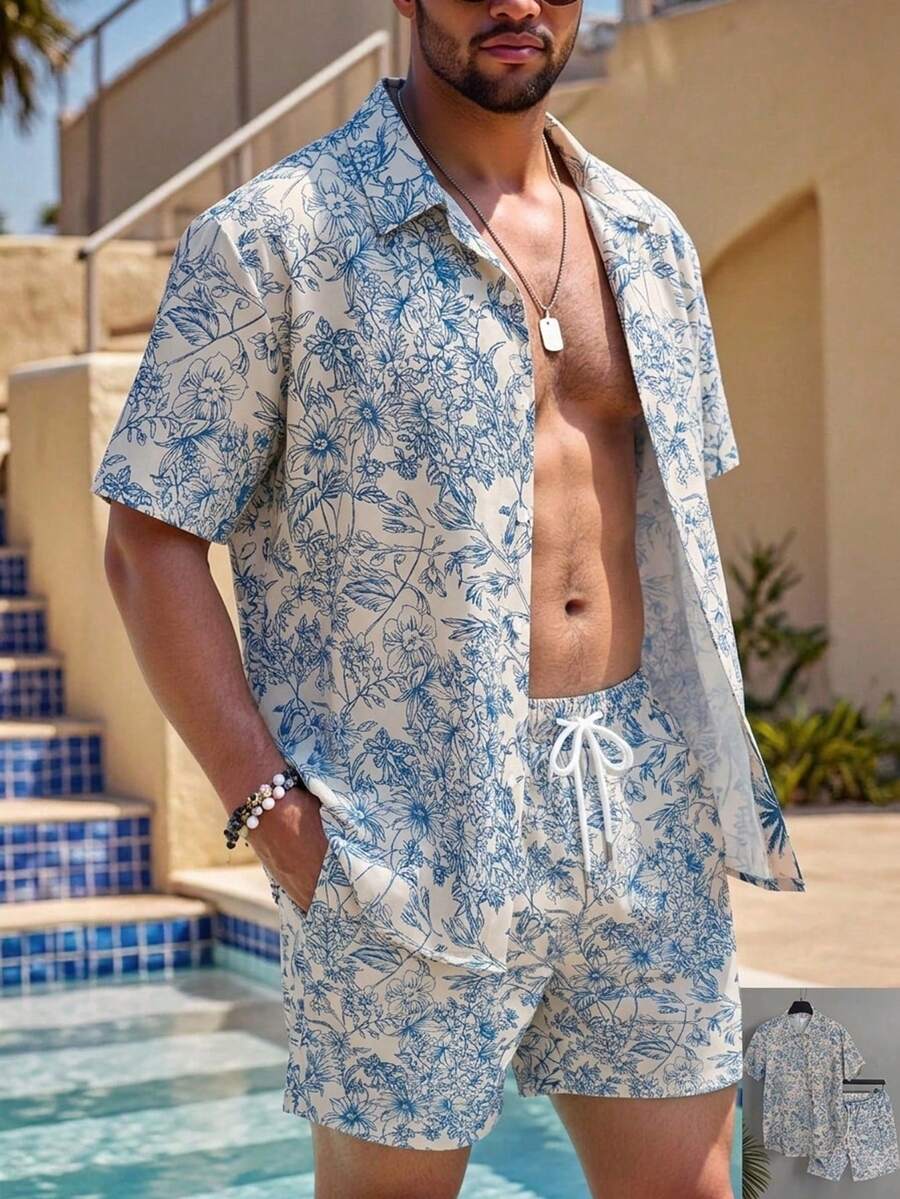 Manfinity Swimmode 男士撞色印花短袖纽扣休闲沙滩装，夏季 - 米色 - 查看 1