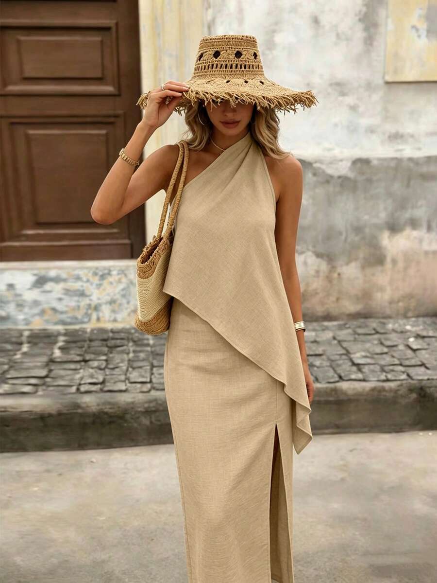 Breezaya 女款卡其色夏季休閒優雅獨特兩件套,度假風單肩掛脖上衣與不對稱開衩長裙,法式亞麻紋理 - 卡其色 - 查看 1