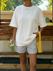 Muchica 休闲度假风白色宽松T恤，62%棉，简约手绘字母和柠檬图案，圆领短袖宽松版型，适合春夏穿着。 - 白色 - 查看 4