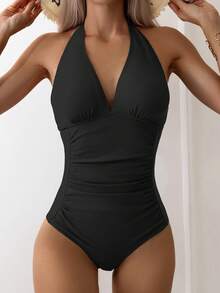 SHEIN Swim Basics Summer Beach Solid Ruched Halter One Piece Swimsuit - Black - View 5