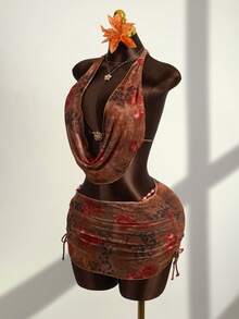 Zestiva 新款性感优雅印花露背吊带短款上衣和高腰比基尼三件套，沙滩泳装 - 彩色 - 查看 5