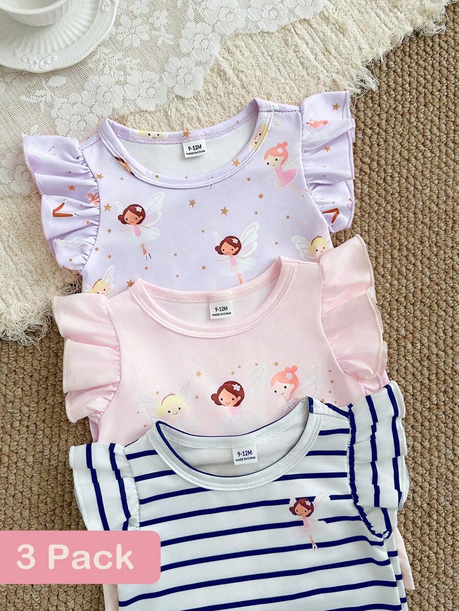 SHEIN Gentle Purple Stripe, 3D Bow Pattern, Young Girl Casual Simple Versatile Round Neck Cap Sleeve T-Shirt 1pc Suitable For Spring/Summer Daily Wear, - Multicolor - View 1