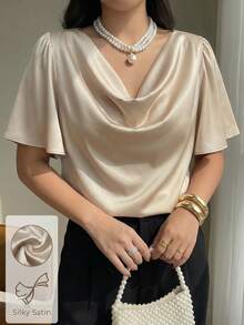 Modelyn Plus Size Solid Color Minimalist Daily Wear Draped Neck Short Sleeve Shirt - Champagne - View 4
