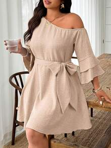 Weeklong Plus Size Solid Color Asymmetric Collar Ruffle Sleeve A-Line Casual Dress - Khaki - View 1