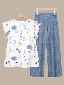 EMERY ROSE Plus Size Women Floral Print Ruffle Trim Top & Belted Pants, Summer Casual Vacation Outfits - Multicolor - View 2