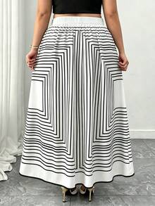 SHEIN Elenzya Chân váy chữ A thanh lịch màu đen trắng kẻ sọc họa tiết hình học dành cho nữ cỡ lớn, phối viền tương phản, phù hợp cho mùa xuân/hè, trang phục công sở thường ngày. - trắng - Xem 2