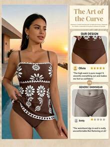 Swim Conjunto de Bikini Elástico con Estampado Floral para Mujer de 2 Piezas, Top Corto Tipo Bustier con Estampado de Colocación en Verde Fresco y Traje de Baño Básico de Triángulo de - Multicolor 2 - Ver 6