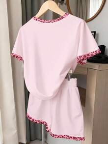 Setelan Anak Perempuan Gaya Y2K Lucu Motif Leopard Pink, Kaos Lengan Pendek dan Celana Pendek dengan Motif Huruf untuk Menari, 2 Potong - Hitam dan Putih - View 2