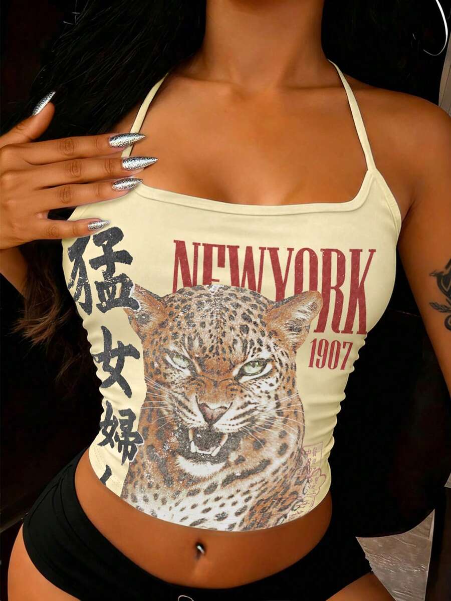 Women's Letter & Animal Print Casual Versatile Daily Wear Halter Top - Apricot - View 1