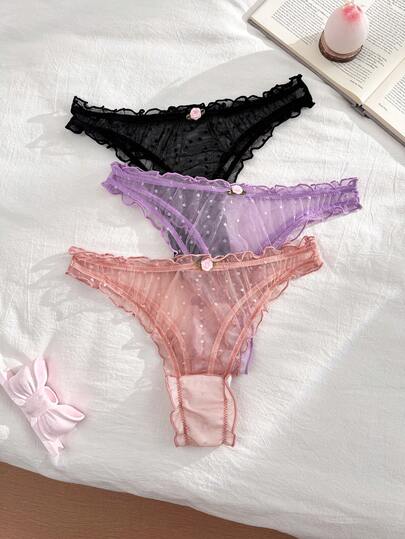 PetitDoll 3pcs/Set Women's Ruffled Trim Sweet Style Panties & Thongs