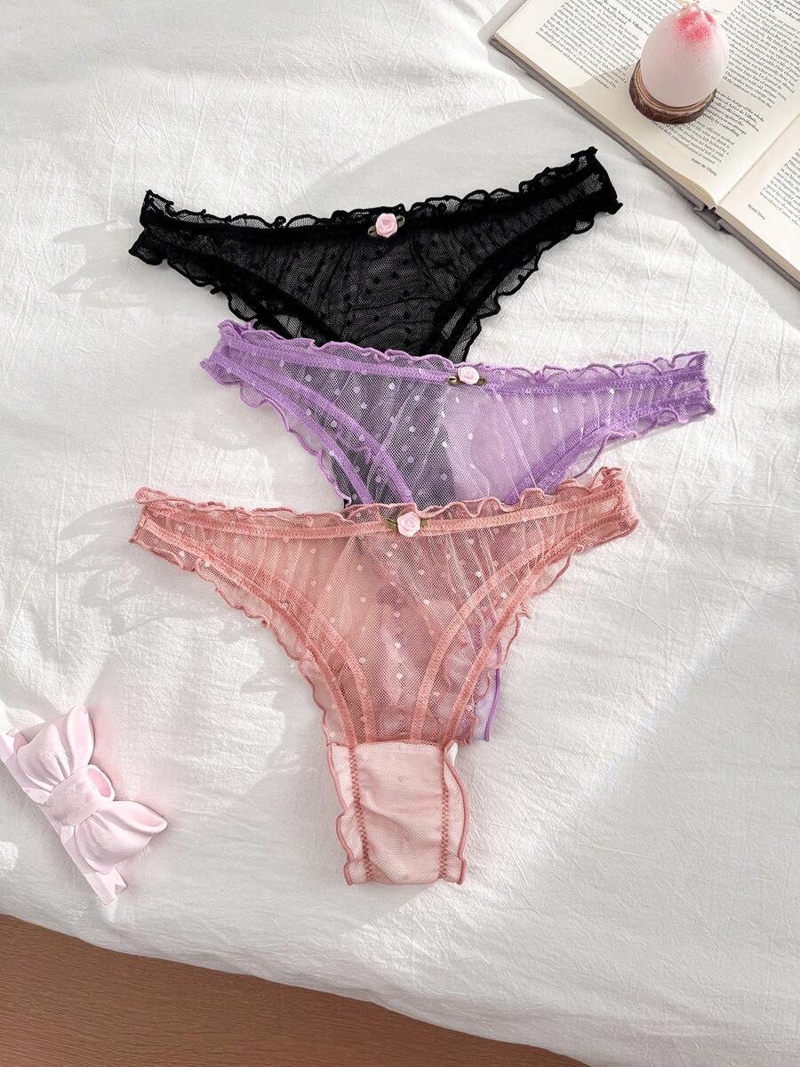 PetitDoll 3pcs/Set Women's Ruffled Trim Sweet Style Panties & Thongs - Multicolor - View 1