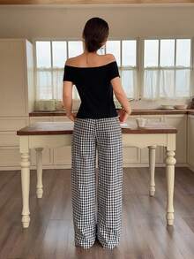 Napfluff Bộ đồ ngủ 2 mảnh nữ tay ngắn trễ vai, họa tiết kẻ caro cổ điển, kiểu dáng thường ngày. - Nhiều màu - Xem 3
